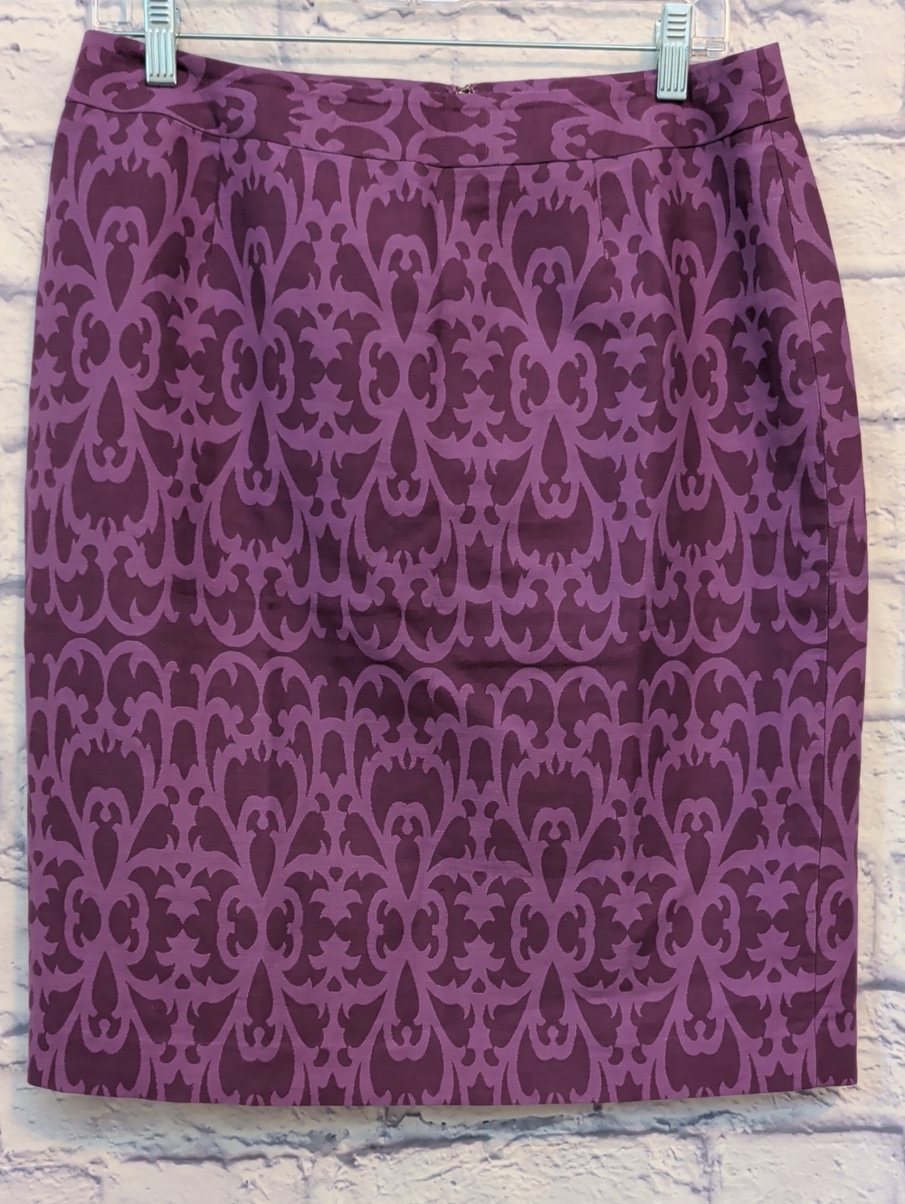 Semantiks Purple Damask Patterned Linen Blend Pencil Skirt - Size 8